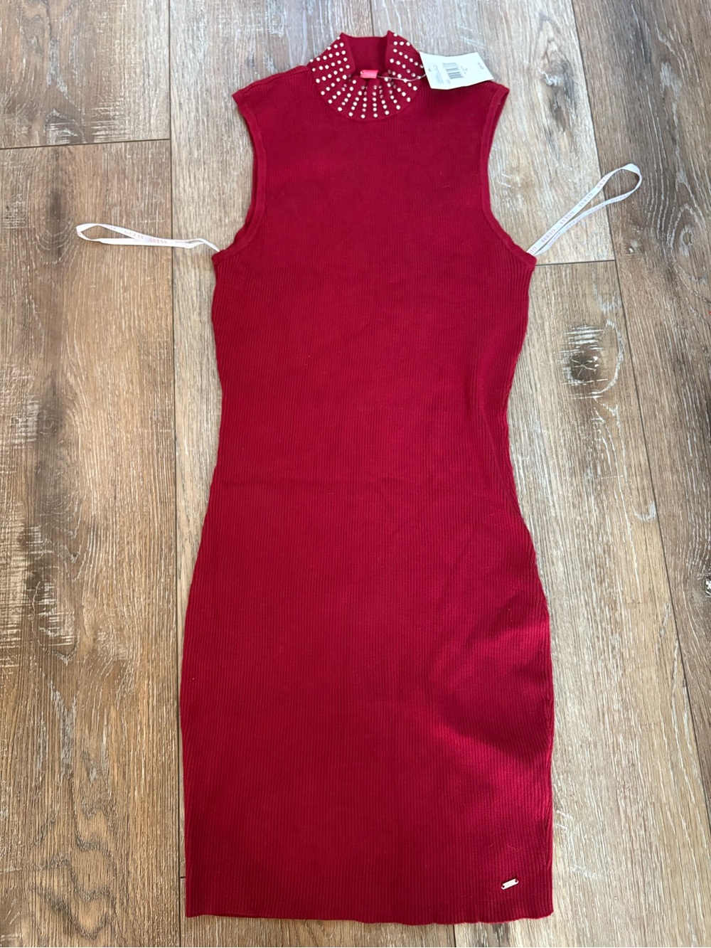 Guess Sleeveless Ribbed Dress in Red with Embellished Mock Neck